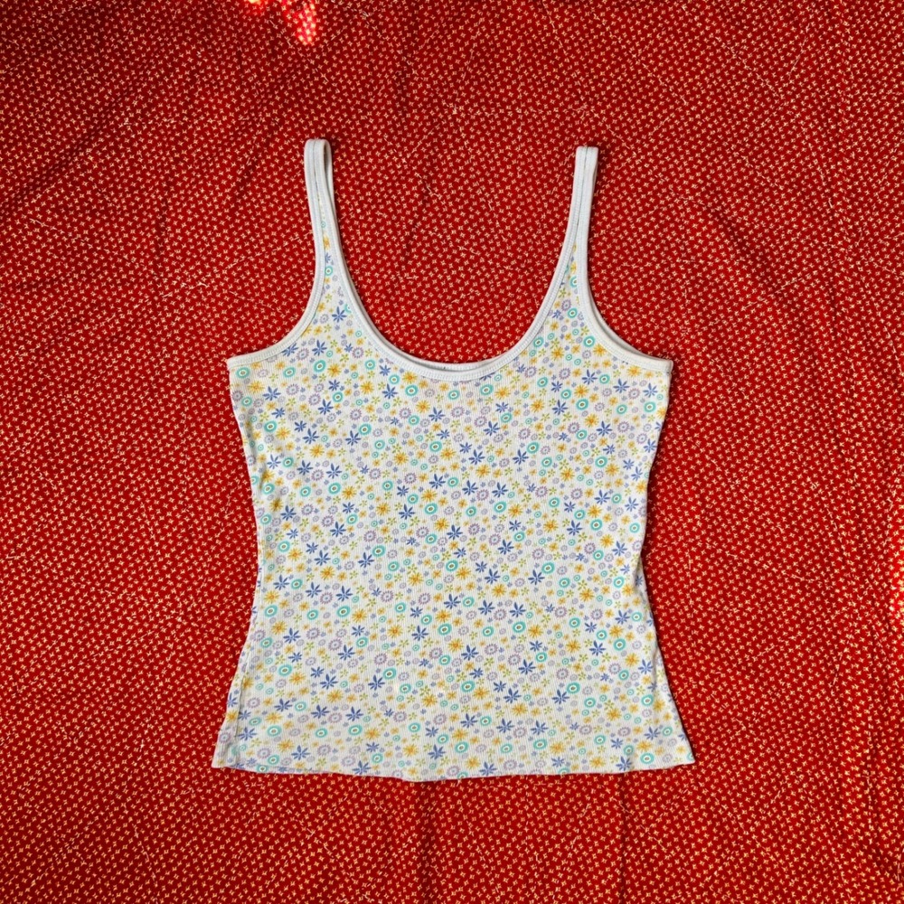 Route 66 Vintage Floral Ribbed Cami Tank Top Large Blue Yellow Cotton Blend